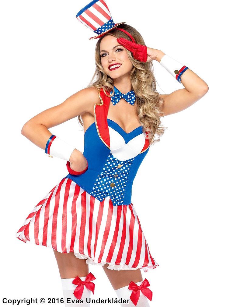 Amerikansk patriot, maskeradklänning med stjärnor och knappar, ränder